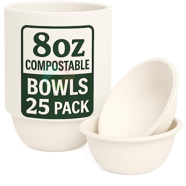 LAVISH Compostable 8Oz Paper Bowls [25-Pack] &ndash; Biodegradable Bagasse Disposable Bowls for Hot Soup, Cold Salads, Snacks, Ice Cream, Eco-Friendly