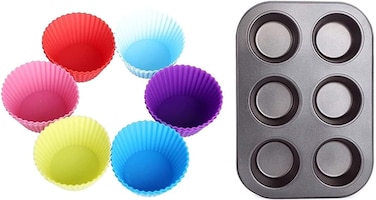 LAVISH 6 Slot Muffins Tray with 6 Pcs Paper Cake Cup Liners   Cupcake Cases   Round Shape Baking Cups   Reusable Silicone   for Handmade Soap, Biscuit Chocolate   Random Color