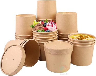 LAVISH 100 Pcs Soup Cups Paper Containers- [16Oz/460ml] Kraft Food Disposable Go To Bowls, Eco-Friendly Biodegradable Perfect For Party, Desert, Hot &amp; Cold Use