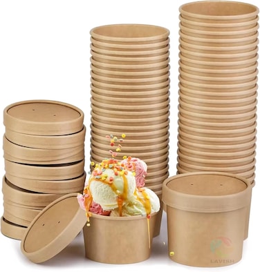 LAVISH 50 Pcs Soup Cups Paper Containers- [12Oz/350ml] Kraft Food Disposable Go To Bowls, Eco-Friendly Biodegradable Perfect For Party, Desert, Hot &amp; Cold Use