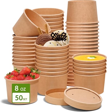 LAVISH 50 Pcs Soup Cups Paper Containers- [8 Oz/235ml] Kraft Food Disposable Go To Bowls, Eco-Friendly Biodegradable Perfect For Party, Desert, Hot &amp; Cold Use