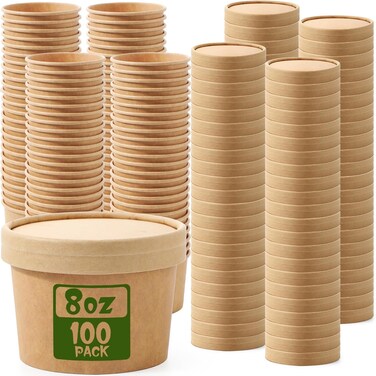 LAVISH 100 Pcs Soup Cups Paper Containers- [8 Oz/235ml] Kraft Food Disposable Go To Bowls, Eco-Friendly Biodegradable Perfect For Party, Desert, Hot &amp; Cold Use