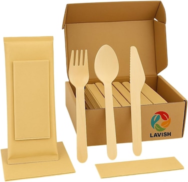 LAVISH [10 Pack] Biodegradable Wooden Cutlery Set with Napkin &ndash; Eco-Friendly &amp; Compostable Utensils &ndash; Disposable Knife, Fork, Spoon, and Napkin for Weddings, Parties &amp; Picnics