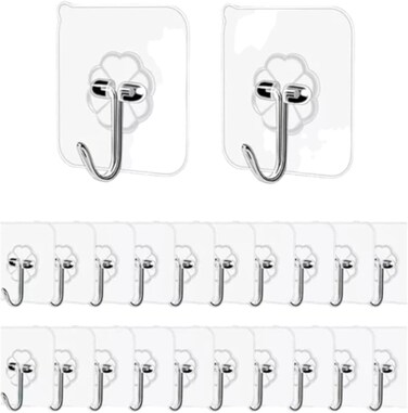 LAVISH Adhesive Wall Hooks 20 Pcs, Transparent Strong Suction Hooks For Home Kitchen and Bathroom, Heavy Duty Nail Free Sticky Hangers with Hooks Utility Towel Bath Ceiling Hooks, Transparent