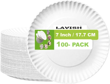 LAVISH 100 Pcs Premium Disposable 7 Inch Paper Plates &ndash; Extra Thick, Food-Grade, and Recyclable for Everyday Use &amp; Special Events