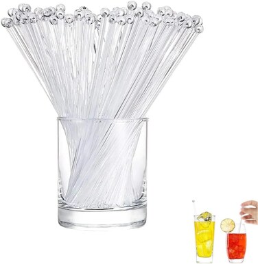 LAVISH 50 Pack Clear Ball Top Swizzle Sticks, Disposable Plastic Cocktail Stirrers for Bar, Juice, Smoothies, Mocktails &amp; Events