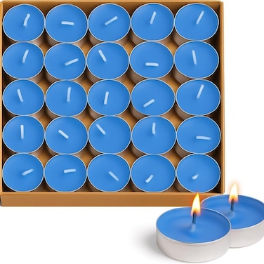 LAVISH 50 Pcs Blue Tea Light Candles Unscented &ndash; Long Burning, Dripless &amp; Smokeless &ndash; Ideal for Weddings, Ceremonies, Church, and Peaceful D&eacute;cor