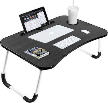 LVISH Foldable Laptop Desk Black 60x40x28cm for Bed with iPad Slot &amp; Cup Holder &ndash; Adjustable Lap Tray, Non-Slip Legs, Portable Table for Work, Study &amp; Reading