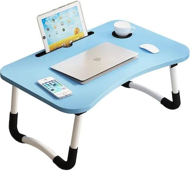 LVISH Foldable Laptop Desk Blue 60x40x28cm for Bed with iPad Slot &amp; Cup Holder &ndash; Adjustable Lap Tray, Non-Slip Legs, Portable Table for Work, Study &amp; Reading