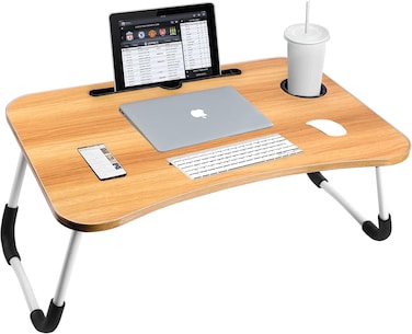 LVISH Foldable Laptop Desk Beige 60x40x28cm for Bed with iPad Slot &amp; Cup Holder &ndash; Adjustable Lap Tray, Non-Slip Legs, Portable Table for Work, Study &amp; Reading
