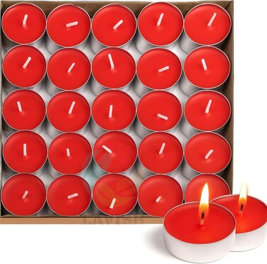 LAVISH 50 Pcs Red Tea Light Candles Unscented &ndash; Long Burning, Dripless &amp; Smokeless &ndash; Ideal for Weddings, Ceremonies, Church, and Peaceful D&eacute;cor