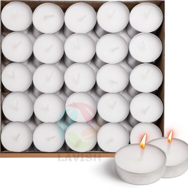 LAVISH 50 Pcs White Tea Light Candles Unscented &ndash; Long Burning, Dripless &amp; Smokeless &ndash; Ideal for Weddings, Ceremonies, Church, and Peaceful D&eacute;cor