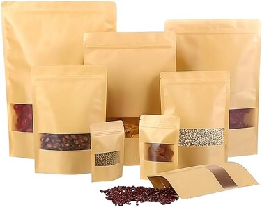 LAVISH Kraft Stand Up 100 pcs &ndash; (9x14+3 cm) Resealable Kraft Paper Bags with Window, Zip Lock, Heat Sealable Food Storage Packaging for Home &amp; Business