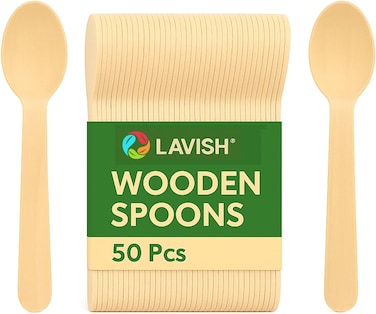 LAVISH Wooden Spoons [50 Pcs-16cm] &ndash; Disposable Birchwood Utensils   Eco-Friendly, Biodegradable, Compostable &amp; Plastic-Free for Party &amp; Travel