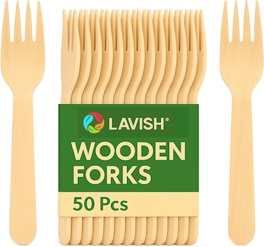 LAVISH Wooden Fork [50 Pcs-16cm] &ndash; Disposable Birchwood Utensils   Eco-Friendly, Biodegradable, Compostable &amp; Plastic-Free for Party &amp; Travel