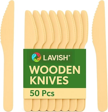 LAVISH Wooden Knife [50 Pcs-16cm] &ndash; Disposable Birchwood Utensils   Eco-Friendly, Biodegradable, Compostable &amp; Plastic-Free for Party &amp; Travel