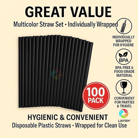 LAVISH 100 Black Smoothie Straws   Jumbo 12mm Wide, 21cm Long   Individually Wrapped, BPA-Free   Thick Disposable Boba Straws for Milkshakes, Juice, Bubble Tea, Slushies