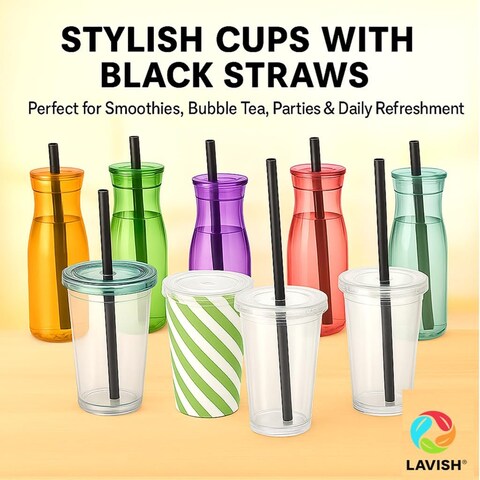 LAVISH 100 Black Smoothie Straws   Jumbo 12mm Wide, 21cm Long   Individually Wrapped, BPA-Free   Thick Disposable Boba Straws for Milkshakes, Juice, Bubble Tea, Slushies