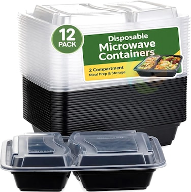 LAVISH Microwave Disposable Rectangular Food Containers with Lids   2 Compartment-12 Pack   Meal Prep Containers, Plastic Lunch &amp; Takeaway Boxes for Kitchen Food Storage