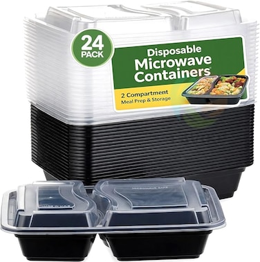 LAVISH Microwave Disposable Rectangular Food Containers with Lids   2 Compartment-24 Pack   Meal Prep Containers, Plastic Lunch &amp; Takeaway Boxes for Kitchen Food Storage