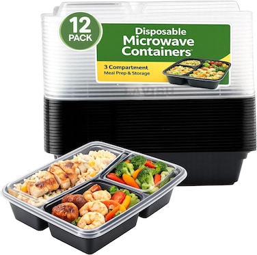 LAVISH Microwave Disposable Rectangular Food Containers with Lids   3 Compartment-12 Pack   Meal Prep Containers, Plastic Lunch &amp; Takeaway Boxes for Kitchen Food Storage