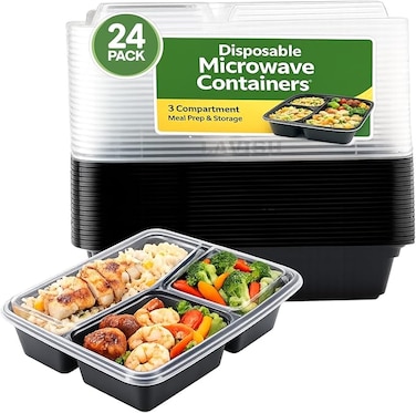 LAVISH Microwave Disposable Rectangular Food Containers with Lids   3 Compartment-24 Pack   Meal Prep Containers, Plastic Lunch &amp; Takeaway Boxes for Kitchen Food Storage