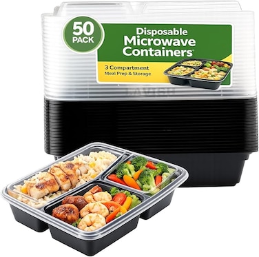 LAVISH Microwave Disposable Rectangular Food Containers with Lids   3 Compartment-50 Pack   Meal Prep Containers, Plastic Lunch &amp; Takeaway Boxes for Kitchen Food Storage