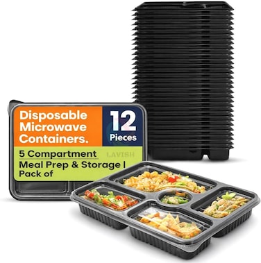 LAVISH Microwave Disposable Rectangular Food Containers with Lids   5 Compartment-12 Pack   Meal Prep Containers, Plastic Lunch &amp; Takeaway Boxes for Kitchen Food Storage