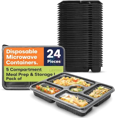 LAVISH Microwave Disposable Rectangular Food Containers with Lids   5 Compartment-24 Pack   Meal Prep Containers, Plastic Lunch &amp; Takeaway Boxes for Kitchen Food Storage