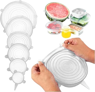 LAVISH Silicone Stretch Lids 6 Pack Transparent Airtight Reusable Food Covers for Bowls, Fruits &amp; Containers Leakproof Kitchen Storage