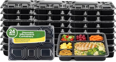 LAVISH Microwave Disposable Rectangular Food Containers with Lids   6 Compartment-24 Pack   Meal Prep Containers, Plastic Lunch &amp; Takeaway Boxes for Kitchen Food Storage