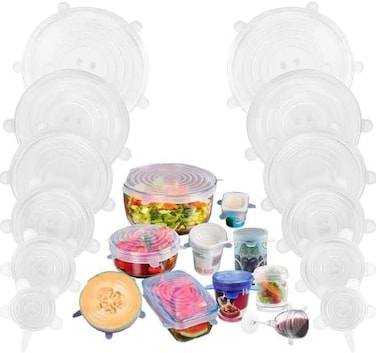 LAVISH Reusable Silicone Stretch Covers 12 Pack Transparent Airtight Food Wrap Lids for Bowls, Cups, Fruits &amp; Vegetables Kitchen Use