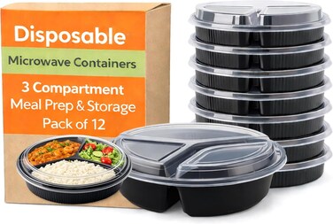 LAVISH Microwave Disposable Round Food Containers with Lids   3 Compartment-12 Pack   Meal Prep Containers, Plastic Lunch &amp; Takeaway Boxes for Kitchen Food Storage