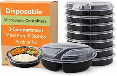 LAVISH Microwave Disposable Round Food Containers with Lids   3 Compartment-50 Pack   Meal Prep Containers, Plastic Lunch &amp; Takeaway Boxes for Kitchen Food Storage