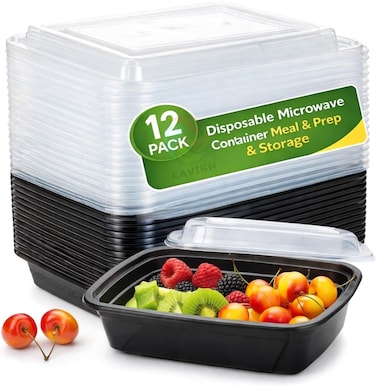 LAVISH Microwave Disposable Rectangular Food Containers with Lids   12Oz -12 Pack   Meal Prep Containers for Kitchen Food Storage, Plastic Lunch &amp; Takeaway Boxes