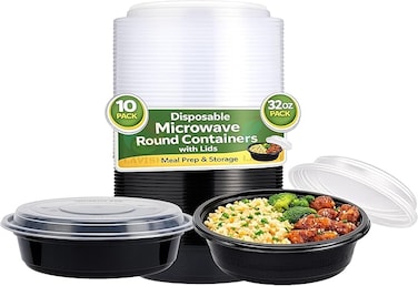 LAVISH 32Oz Disposable Round Containers with Lids 10 Pack, Microwave Safe Meal Prep Containers Plastic Lunch &amp; Takeaway Food Storage Boxes