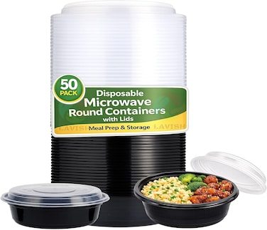LAVISH 32Oz Disposable Round Containers with Lids 50 Pack, Microwave Safe Meal Prep Containers Plastic Lunch &amp; Takeaway Food Storage Boxes