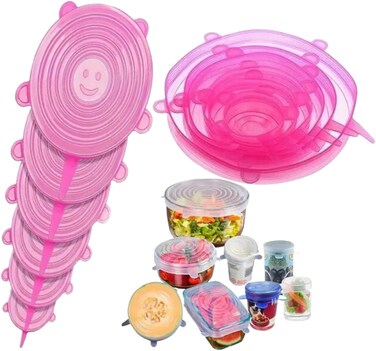 LAVISH Silicone Stretch Covers 6 Pack Pink Reusable Airtight Lids for Bowls, Containers, Fruits &amp; Vegetables Kitchen Storage