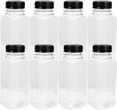 LAVISH 8Pcs Empty Plastic Reusable Square Shape Transparent 100ml/4Oz Bottles With Black Caps For Juice, Milk, Water and Many More, Size 9 x 4 cm