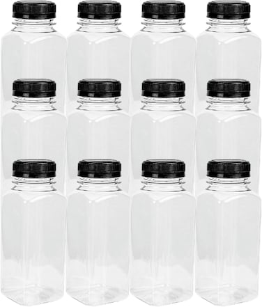 LAVISH 12Pcs Empty Plastic Reusable Square Shape Transparent 100ml/4Oz Bottles With Black Caps For Juice, Milk, Water and Many More, Size 9 x 4 cm