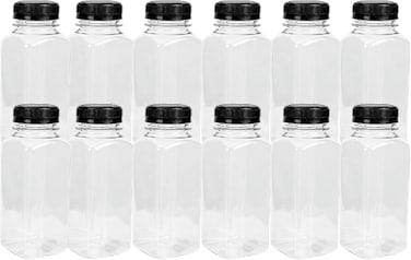 LAVISH 12Pcs Empty Plastic Reusable Square Shape Transparent 100ml/4Oz Bottles With Black Caps For Juice, Milk, Water and Many More, Size 9 x 4 cm