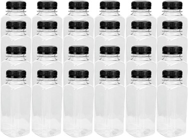 LAVISH 24Pcs Empty Plastic Reusable Square Shape Transparent 100ml/4Oz Bottles With Black Caps For Juice, Milk, Water and Many More, Size 9 x 4 cm