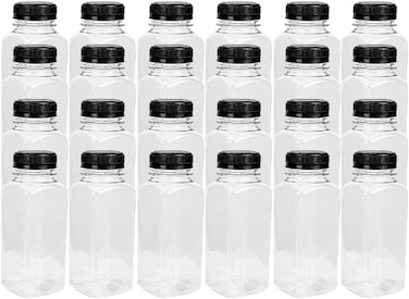 LAVISH 24Pcs Empty Plastic Reusable Square Shape Transparent 250ml/8Oz Bottles With Black Caps For Juice, Milk, Water and Many More