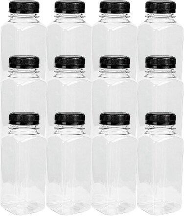 LAVISH 12Pcs Empty Plastic Reusable Square Shape Transparent 200ml/6Oz Bottles With Black Caps For Juice, Milk, Water and Many More, Size 13 x 4.5 cm
