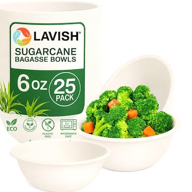 LAVISH Eco-Friendly Bagasse Paper Bowls 6Oz [25-Pack] &ndash; Compostable, Biodegradable, Heavy-Duty Bowls for Hot &amp; Cold Foods, Soup, Salad, Dessert