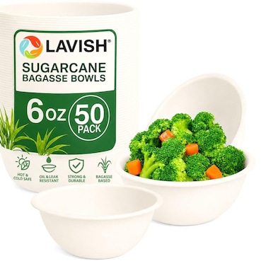 LAVISH Eco-Friendly Bagasse Paper Bowls 6Oz [50-Pack] &ndash; Compostable, Biodegradable, Heavy-Duty Bowls for Hot &amp; Cold Foods, Soup, Salad, Dessert