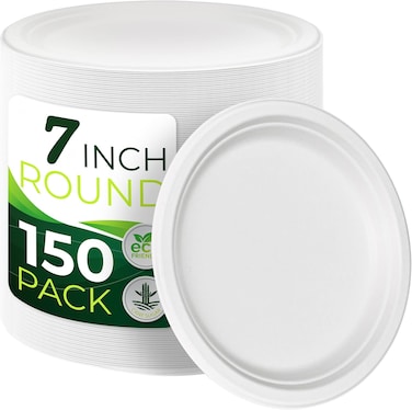 LAVISH[ 150- Piece ] 7-Inch Compostable Heavy-Duty Eco-Friendly Disposable Sugarcane Biodegradable White Paper Plates