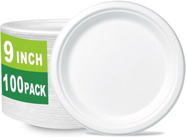 LAVISH[ 100- Piece ] 9-Inch Compostable Heavy-Duty Eco-Friendly Disposable Sugarcane Biodegradable White Paper Plates