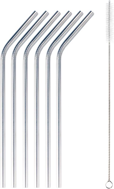 LAVISH Reusable Stainless Steel Drinking Straws Set, 6 Bent Metal Straws with Cleaning Brush, 304 Food Grade Steel, Durable Beverage Straws for Juice, Smoothies, Iced Drinks and Tumblers