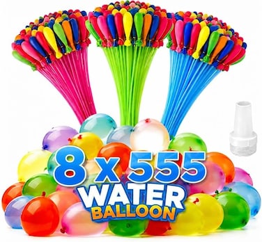 LAVISH Rapid-Fill Self-Sealing Water Balloons, 8 x 555 Pieces, Multicolor, Easy Fill for Outdoor Games, Parties and Summer Activities (111 Pcs/Bag x 1 Bags per Pack)